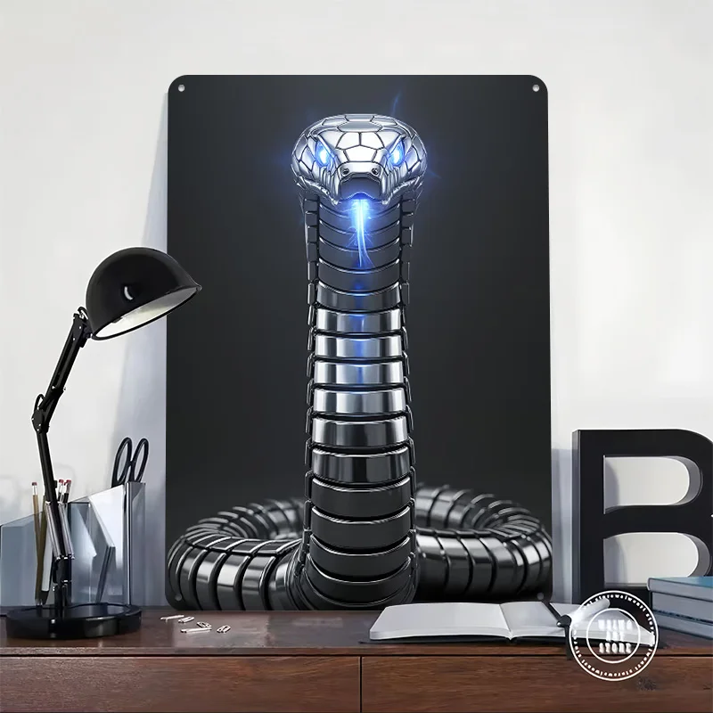 Metallic Cobra With Glowing Eyes Tinplate Poster Custom Wall Art Vintage Metal Signs Retro Tin Plaque for Living Room Decoration