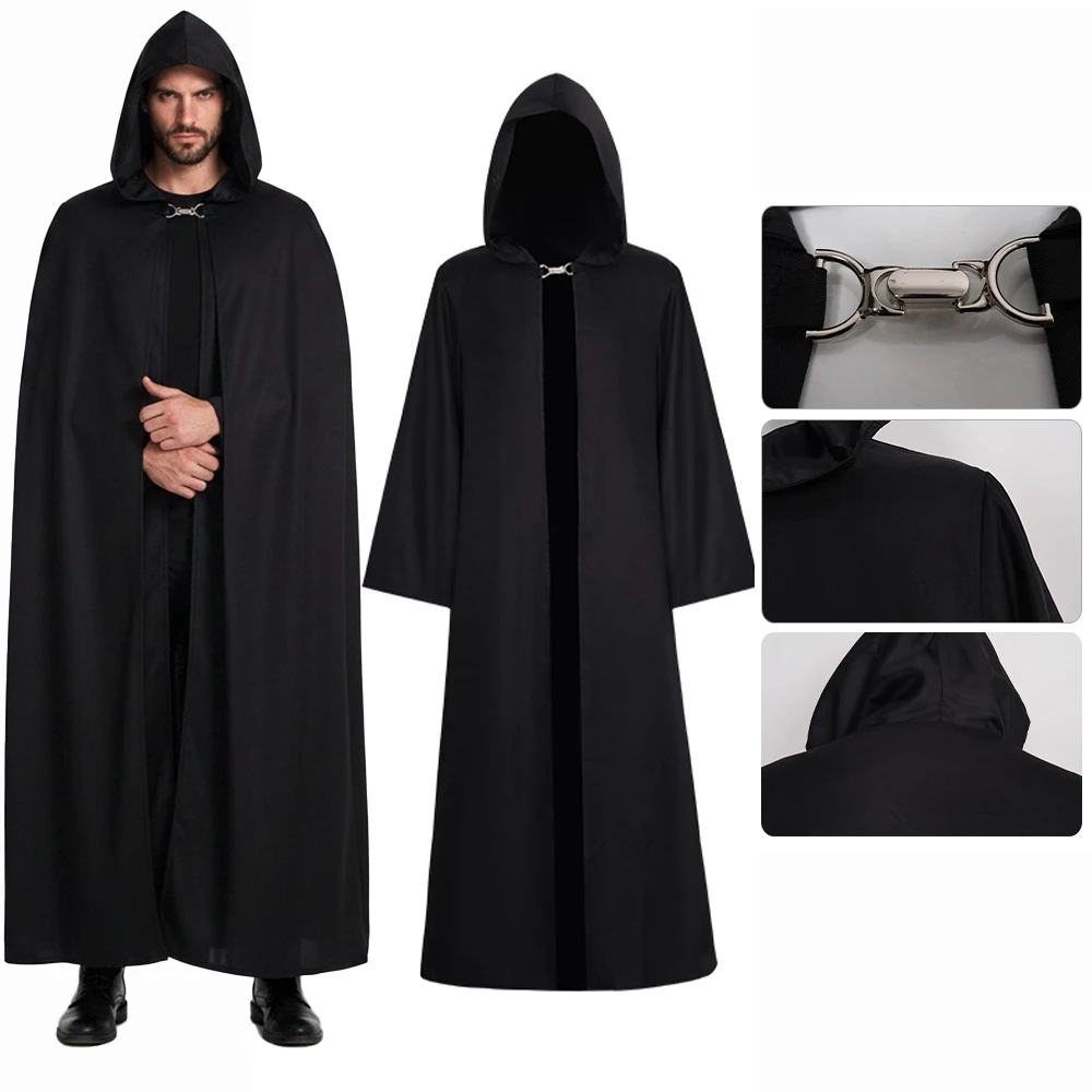 Wizard's Cloak Black Long Hooded Cape with Metal Snap Closure Retro Loose-Fitting Clothes Halloween Costume for Men and Women