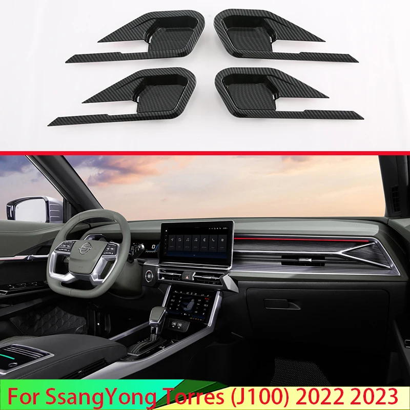 For SsangYong Torres (J100) 2022 2023 Carbon Fiber Style Inner Door Handle Cover Catch Bowl Trim Insert Bezel Frame Garnish