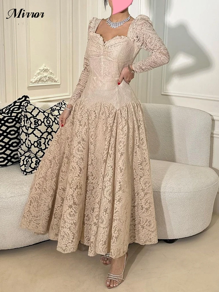 Mirror Dress Elegant Vintage Sweet Champagne Lace Square Collar Customize Formal Occasion Prom Dress Evening Party Gowns