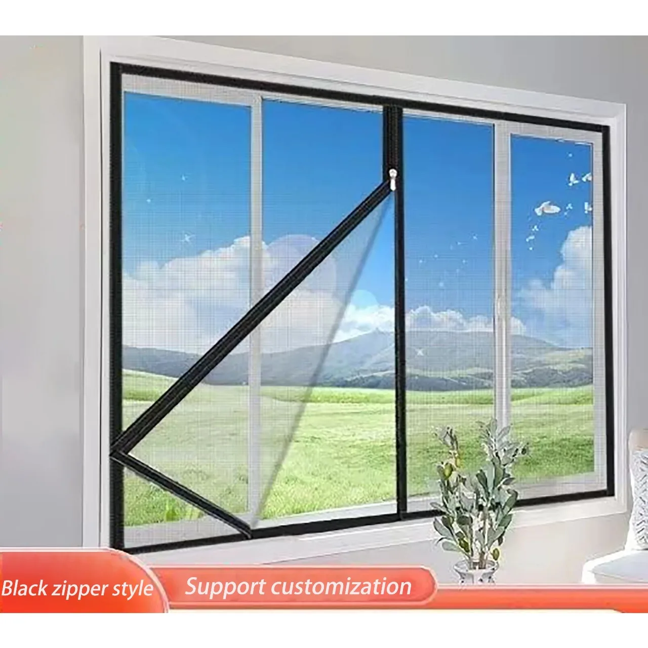 Black Custom Mosquito Screen Window, Window Screen, Self-Adhesive Window Mosquito Net, Zippered Household Screen Window