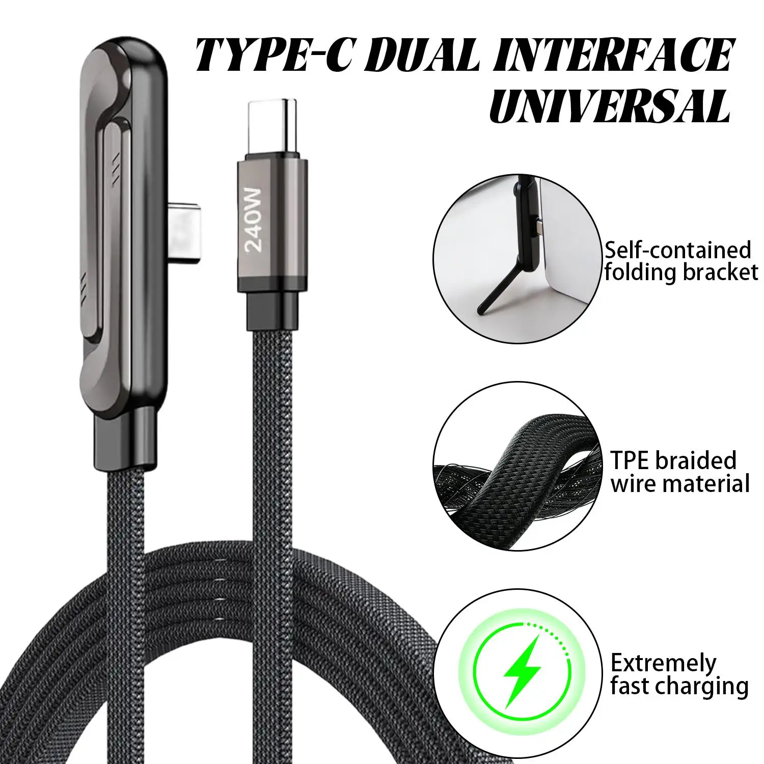 1/2Pcs 240W PD TypeC Mobile Phone Charger 2-in-1 Invisible Phone Stand Game Fast Charging Cable Cord with Folding Holder