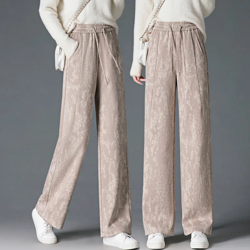 

Fashion Casual Woolen Wide-Leg Pants for Women, Autumn and Winter New Elastic High-Waist Slimming Loose Elegant Straight Pants