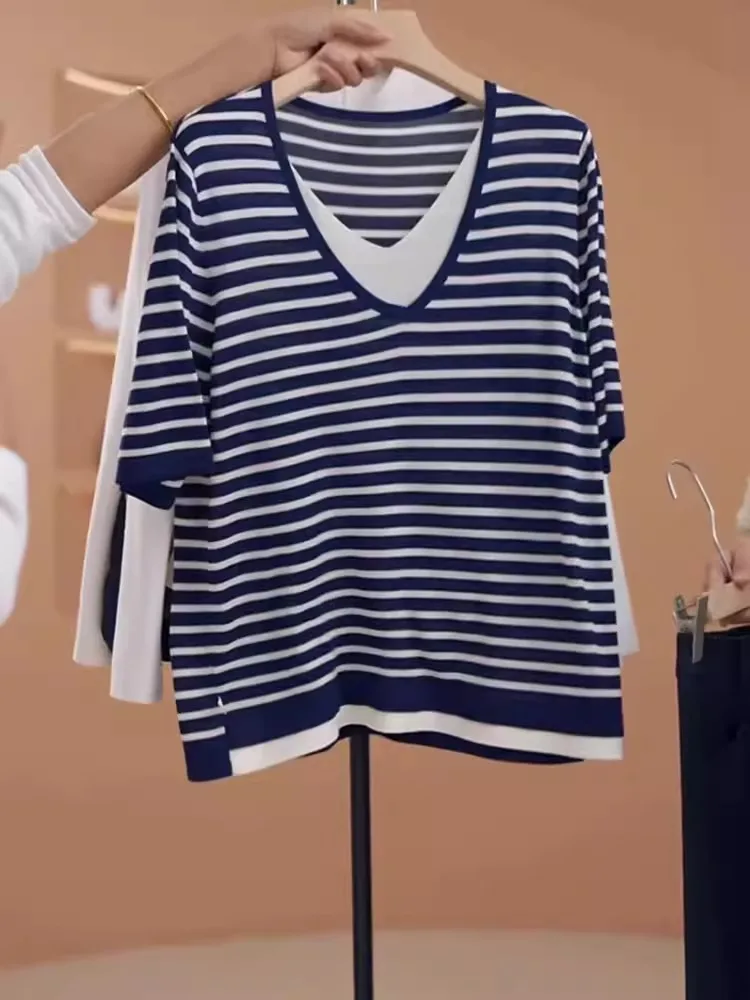 Sciolto Casual Sle Color Blo ort Sve Classico Top a righe Base in seta di ghiaccio da donna irt Estate Versione coreana Poesia Art