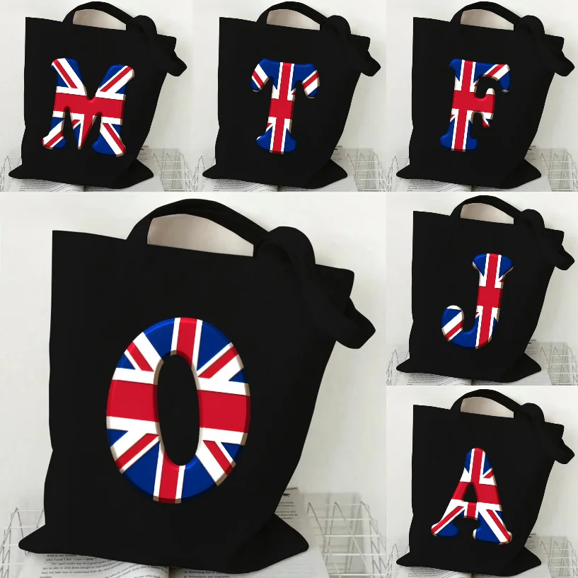 

A-Z 26 Letter Canvas Tote Bag Modern Women's Handbag Union Jack Pattern Y2K Aesthetics Reusable Women's Shoulder Tote Bag