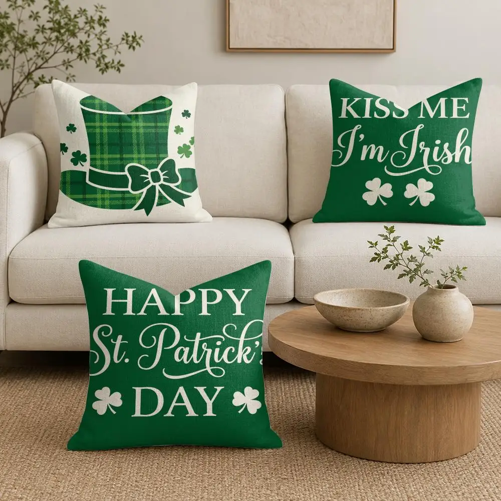 Green Shamrock Holiday Graphics Cushion Cover Plush Fabric Soft Double-Sided Printed Sofa Warm Winter Home Gift Pillow Cover