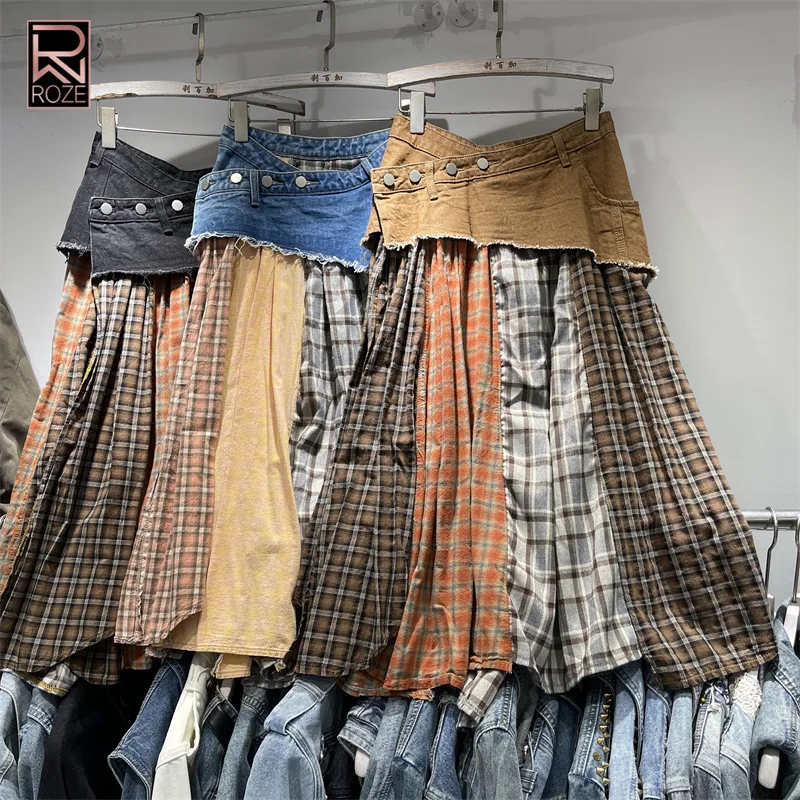 

Retro Babe Checkered Patchwork Denim Skirt for Women, Spring Summer New Midi One-Piece High Waist A-Line Skirt Trendy