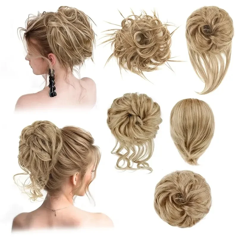 5 estilos de coque bagunçado para mulheres e meninas, peças de coque de cabelo sintético com elásticos, extensões de cabelo curto