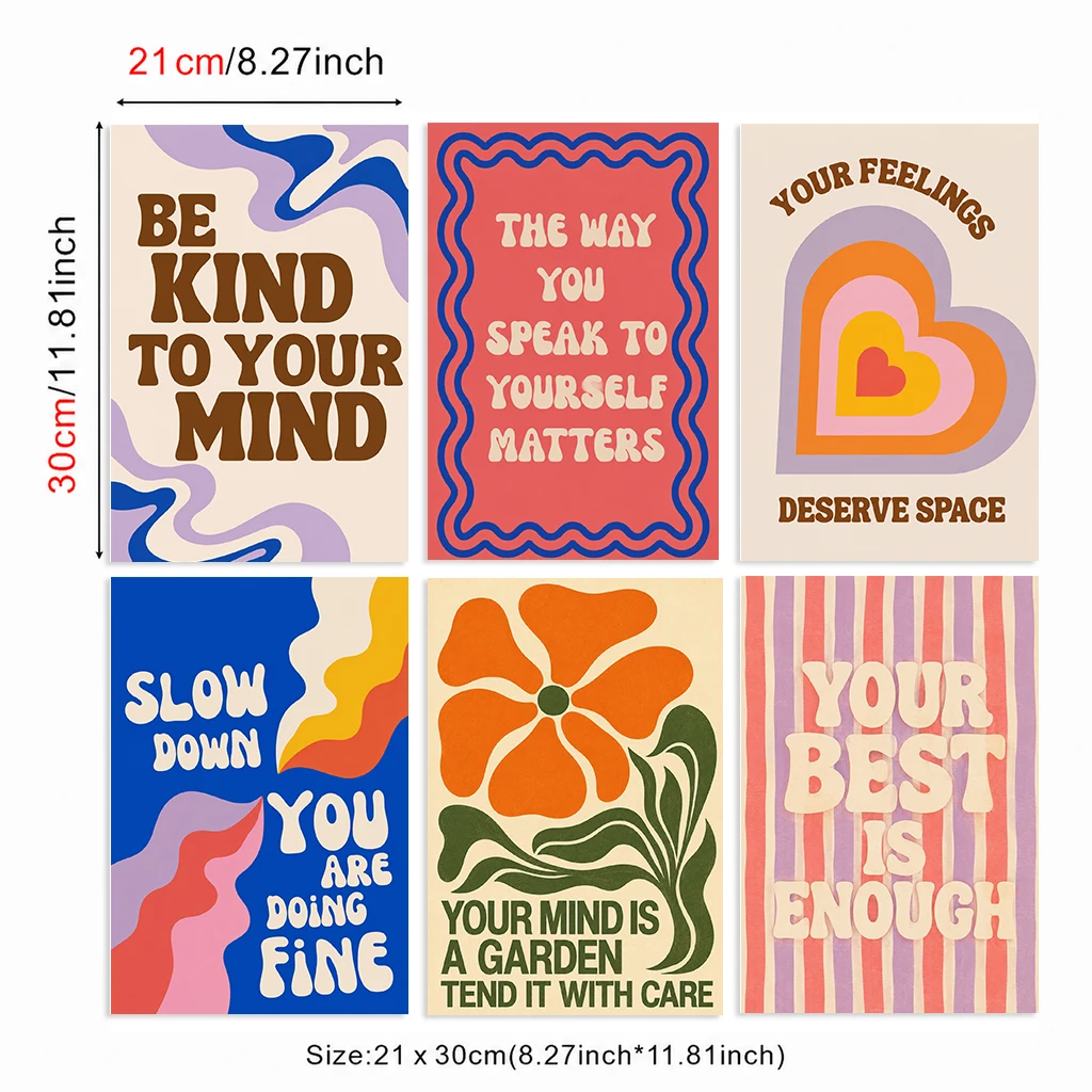 Set of 6 Motivational Quote Canvas Poster Kind Mind Heart Flower Self Care Positive Affirmation Colorful Bright Wall Art Decor