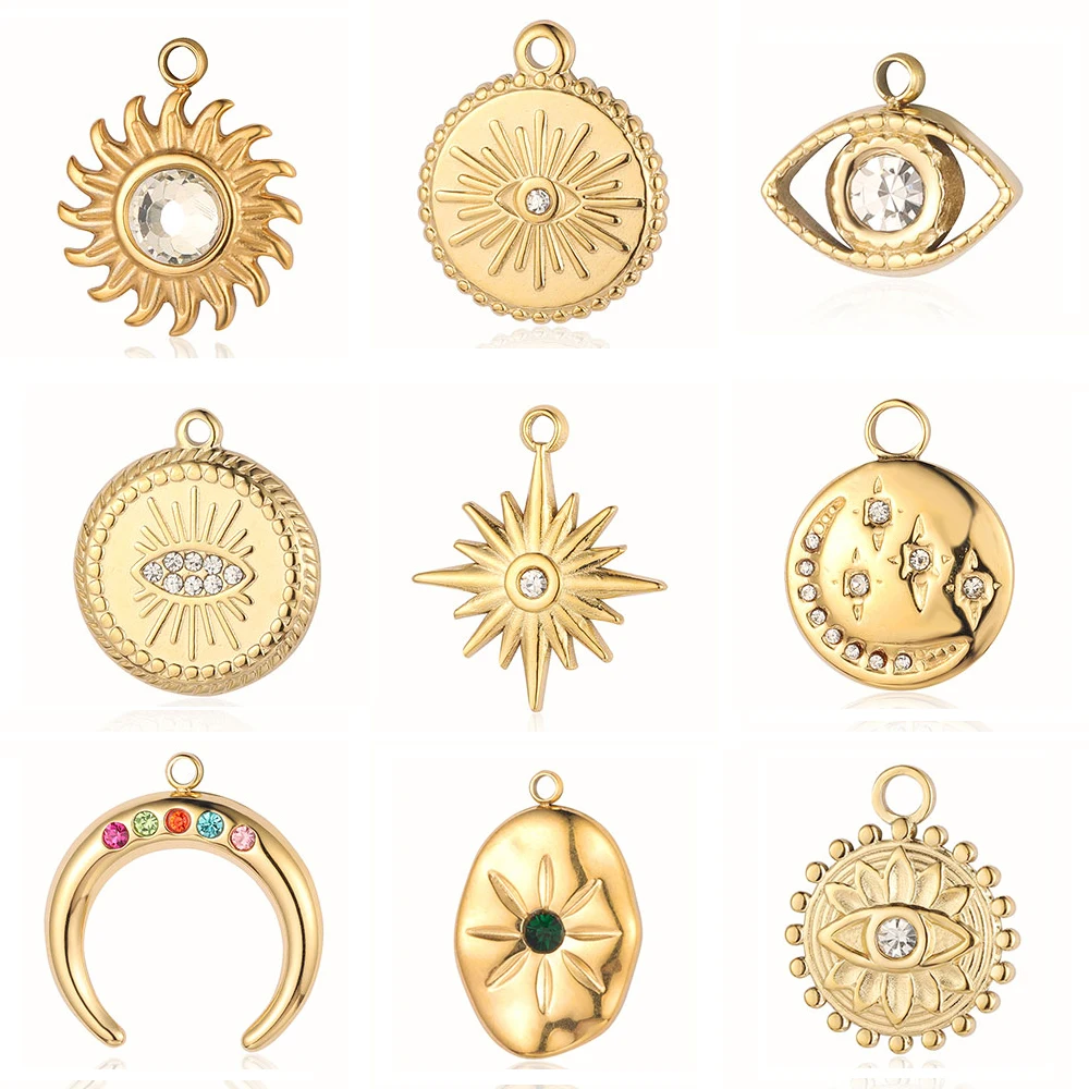 3pcs/Lot Peach Heart Crescent Mirror Polished 316 Stainless Steel DIY Charm Eye Sun Star Moon Rhinestone Jewelry Pendant