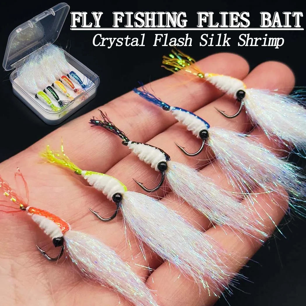 5 Stück/Box Mehrfarbige Kristall-Glitzer-Seiden-Garnelen-Fliegen zum Fliegenfischen, Köder für Barsch, Forelle, Lachs - Größen # 6 – Detail 1