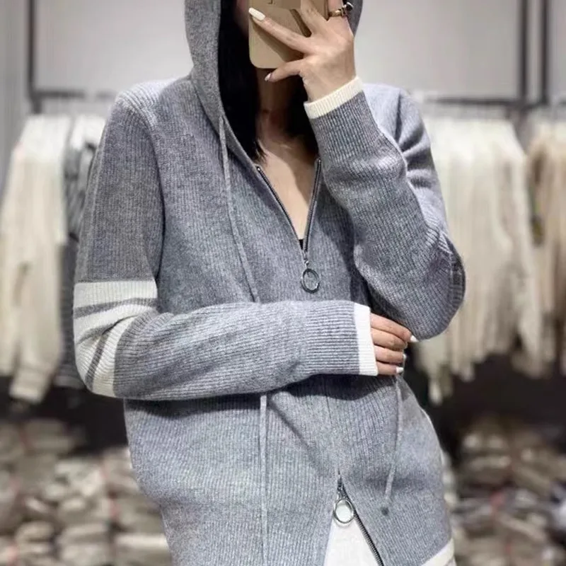 2024 autumn and winter women's sweater zipper hooded cardigan 100% merino wool casual sweater Korean fashion women's dress.