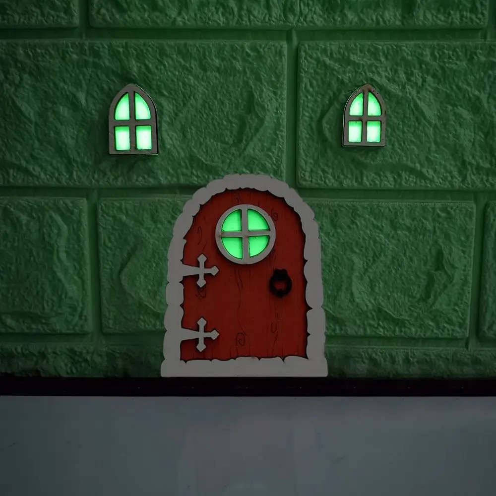 Multi-Style Miniature Fluorescent Elf Door Cartoon Mini Wooden House Miniatures Cute Fairy Door Ornaments Xmas Tree Accessories
