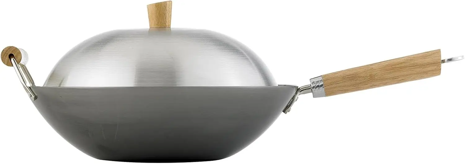 

13.5 Inch Carbon Steel Wok Pan with Lid - Nonstick Flat Bottom Stir Fry Pan Set Includes 4 Accessories for All Stovetops