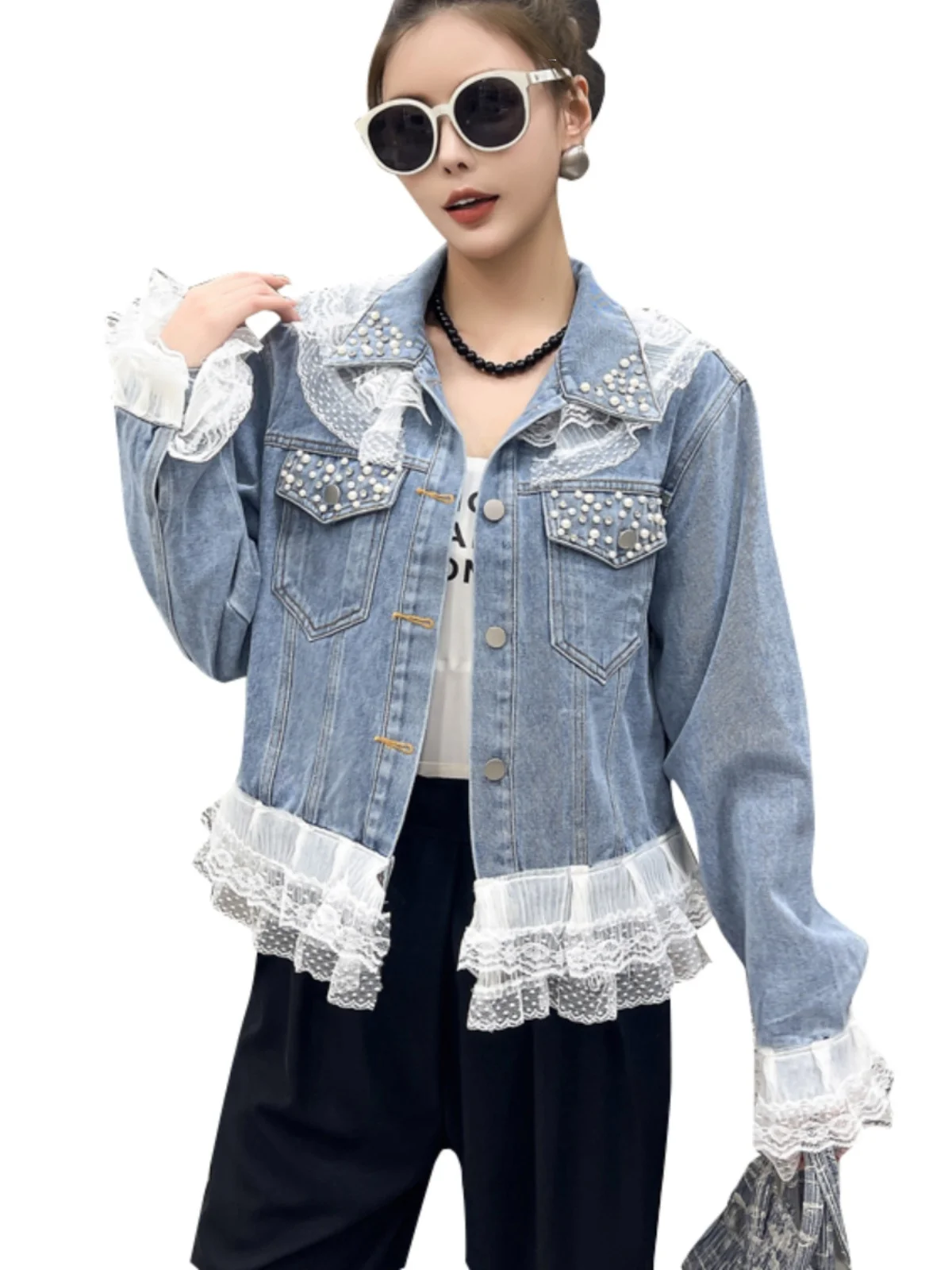 

European Sle Heavy Du Sequin Denim Jaet Women's Spring Autumn Patchwork Sle Button down ort Coat Flip Collar Long S...