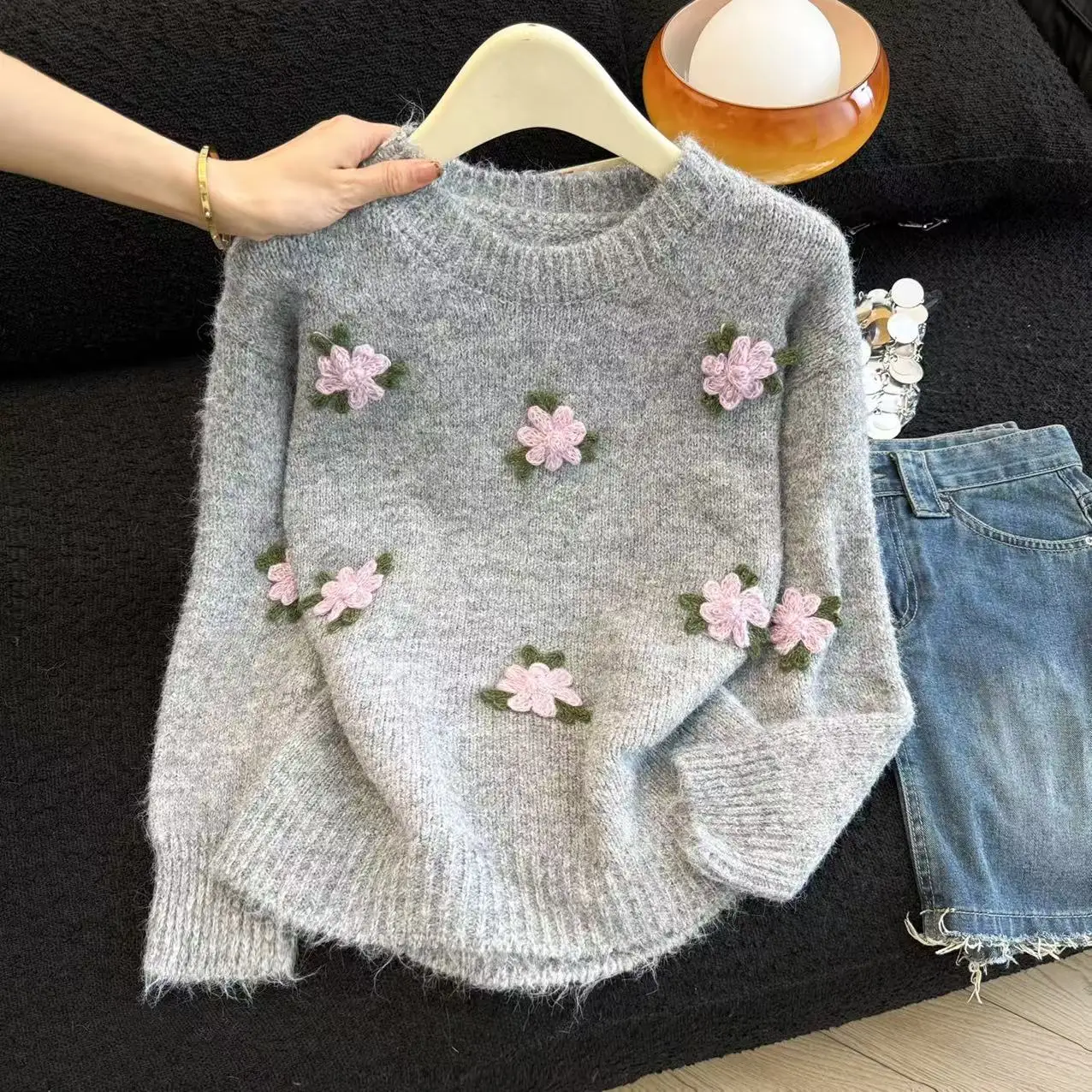 

Women Grey Knit Pullover 3D Floral Embroidery Sweater 2000s Vintage Long Sleeves Cozy Cashmere Sweater For Women Clothes Winter