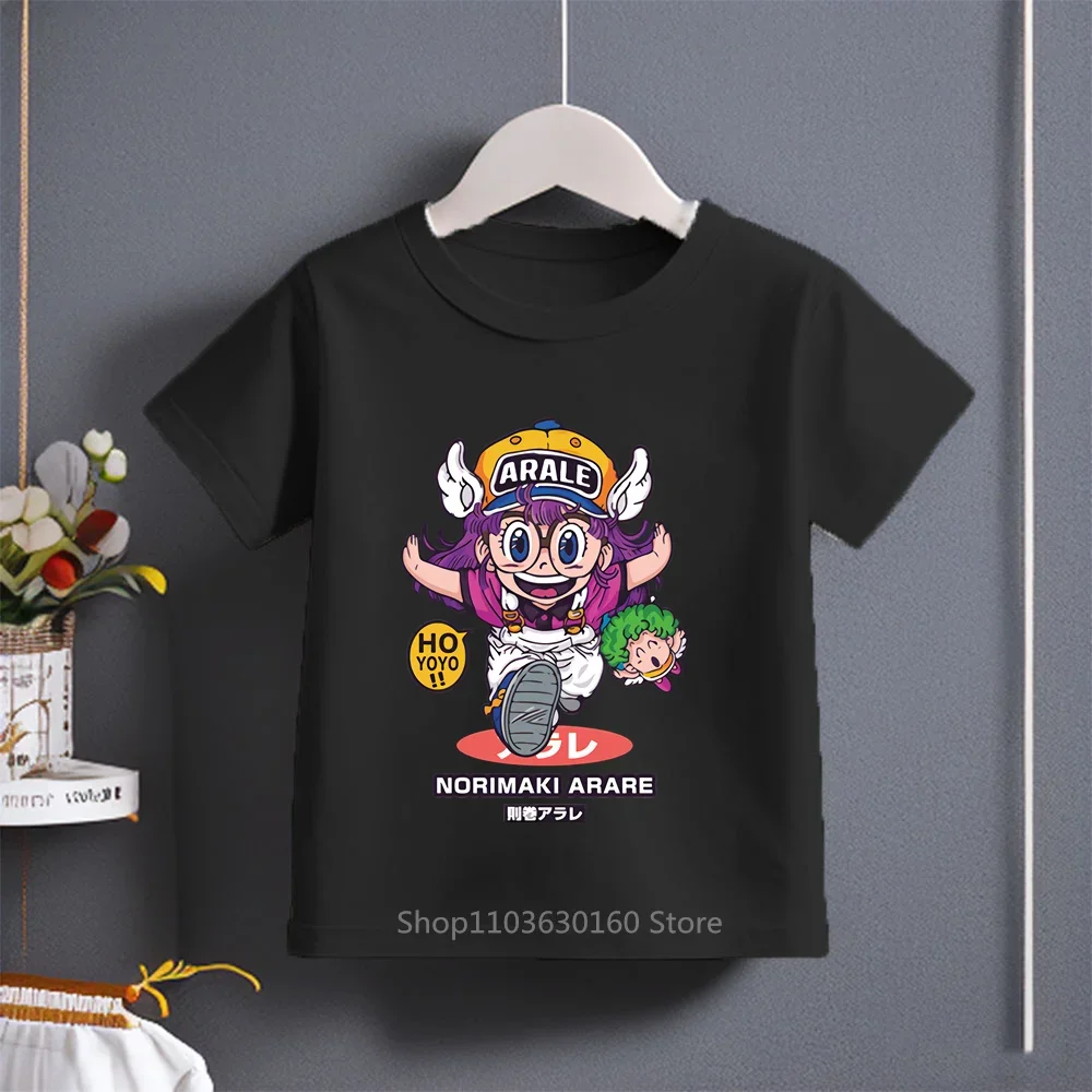 Summer 2024 New Arale Comic Cartoon Print T-shirt Boys Girls Cotton Casual Stylish Short Sleeve Kids Wear