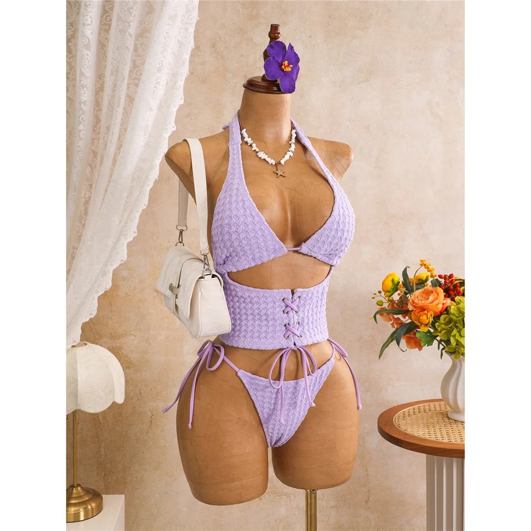 Tankini mit Schnürung, Neckholder-Bikini, Damen-Badeanzug, zweiteiliges Bikini-Set, Badeanzug mit hohem Beinausschnitt, Badebekleidung, Schwimmanzug V8340 – Detail 6