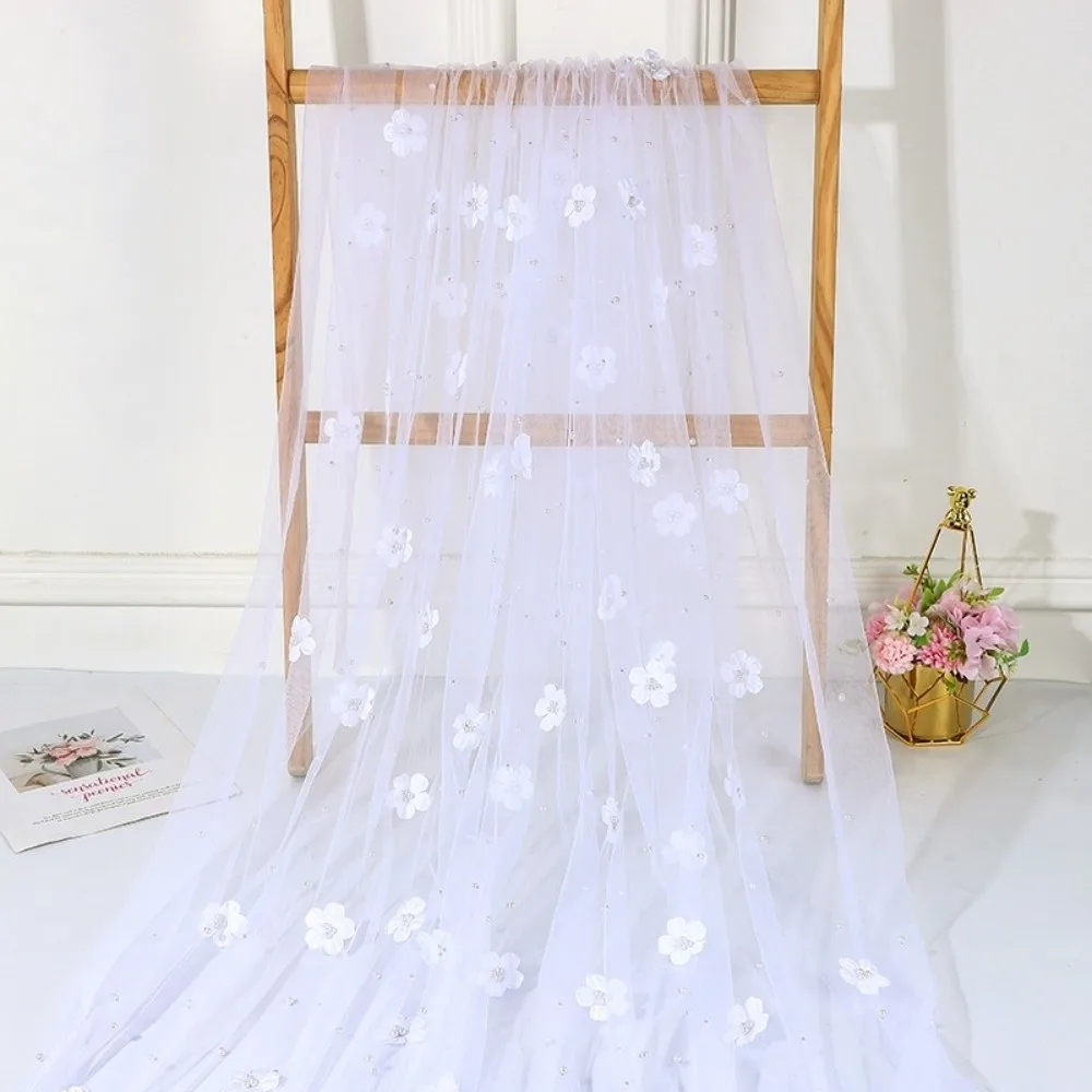 Elegant Flower Pearl Tablecloth Romantic Pearl Embellishments Tulle Fabric Tablecloth Decorative Semi-Transparent