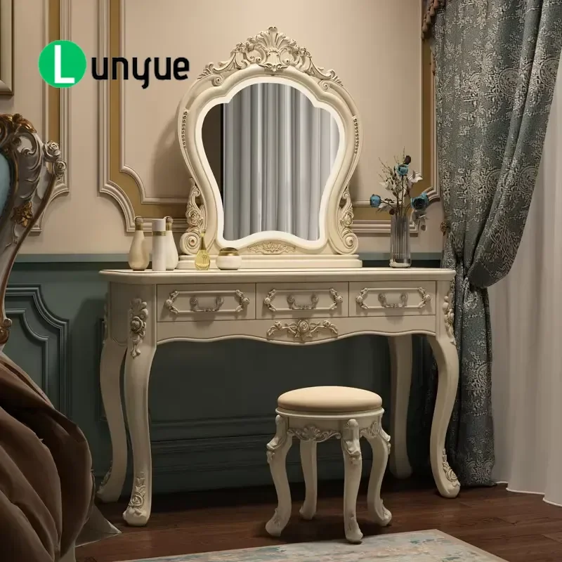 Luxury Classic Hand Carved Solid Wood White Paint Makeup Dresser with Mirror for Bedroom Vanity Table Furniture Storage