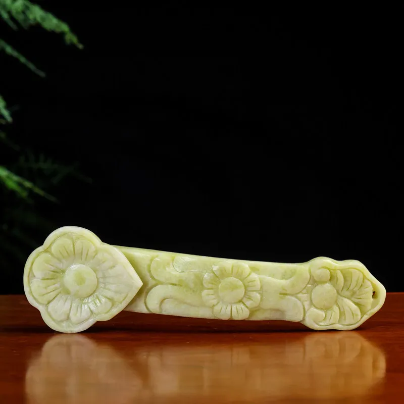 Zihun Natural Jadeite Bluefield Jade Ruyi Ornament for Home Living Room, Study, Office - Creative Auspicious Ruyi Decoration