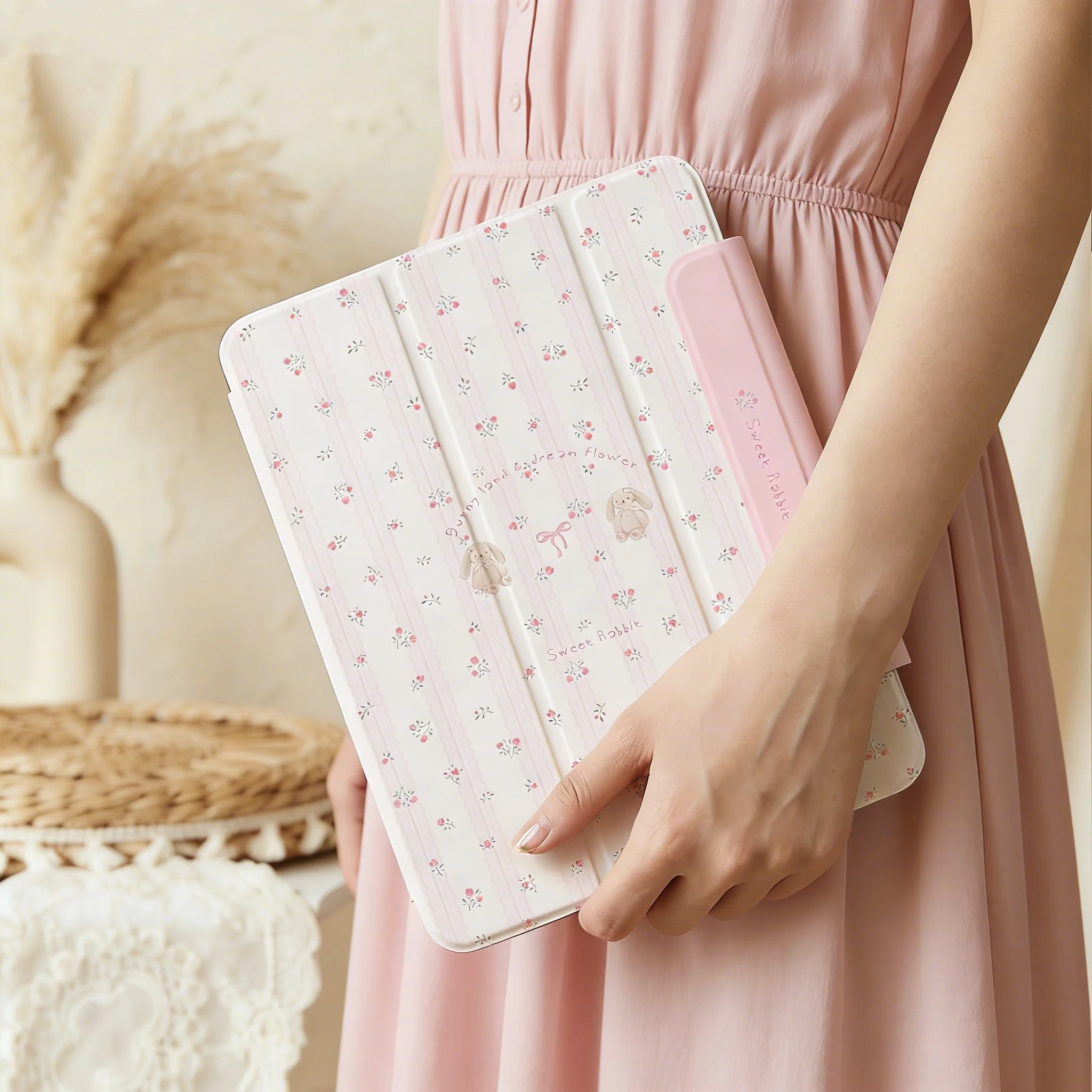 Sweet Bunny Detachable Tri-fold Case for iPad 10/11, 2026 Air11, 2025 Pro11, Mini6/7, Magnetic Stylus, Auto Sleep Wake