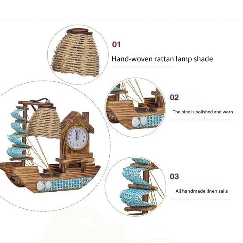 AA87 المراكب الشراعية الخشب مصباح على مدار الساعة مع ساعة مع سلاسل ضوء الاحترار ساعة إلكترونية متعددة الوظائف سهلة التركيب الأرجواني