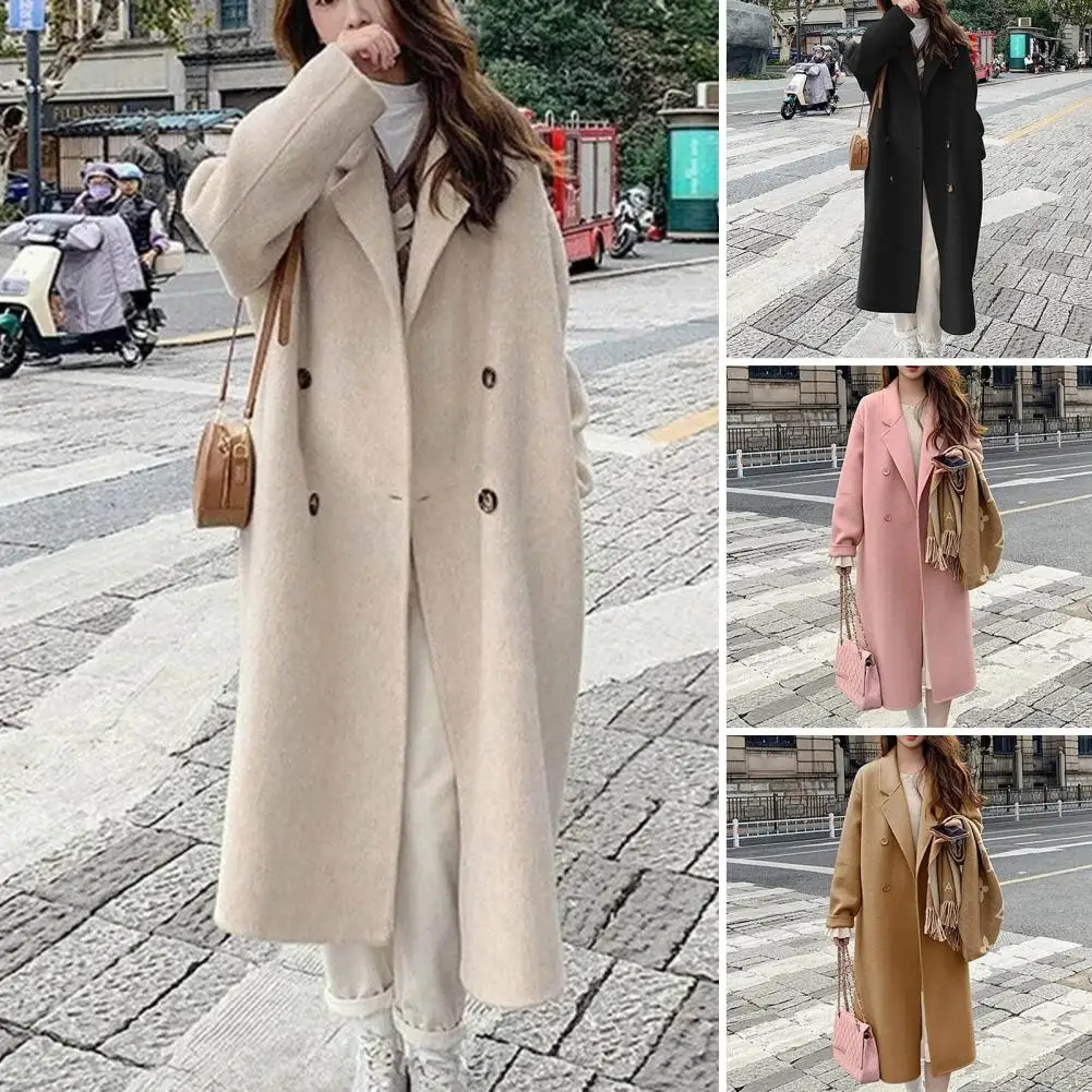 Ladies\' Mid-length Coat with Side Pockets Stylish Women\'s Double-breasted Winter Coat with Lapel Pockets for Warmth for Autumn