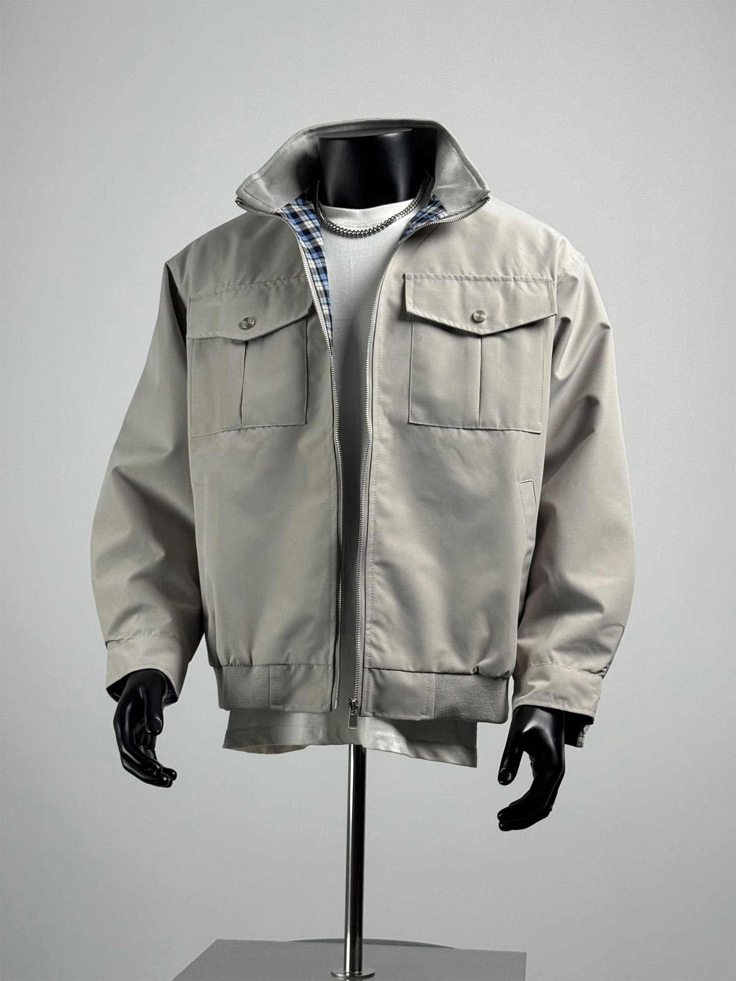 

Loose Fit Casual Workwear Jaet Men's Autumn Season Multi ket Stand Collar Zipper Closure Long Sve Polyester Fiber