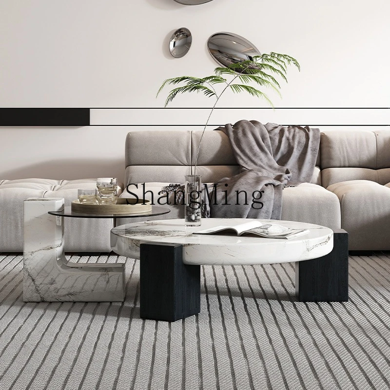 

ZYY light luxury marble round coffee table minimalist living room high and low combination coffee table