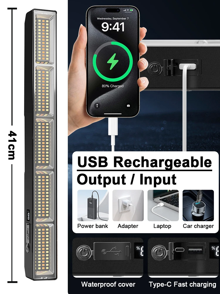 【شريط إضاءة LED مغناطيسي عالي الطاقة】ضوء عمل محمول قابل لإعادة الشحن عبر USB مع 3 أوضاع ألوان IP66 بنك طاقة للطوارئ مقاوم للماء