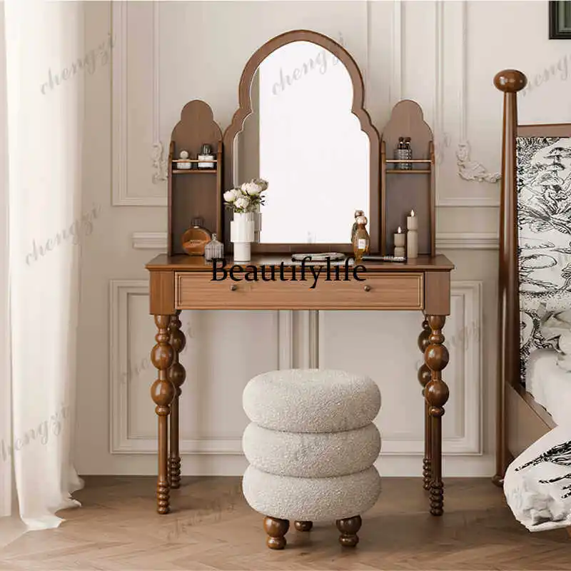 

French retro solid wood dressing table bedroom dressing table drawer cabinet with mirror