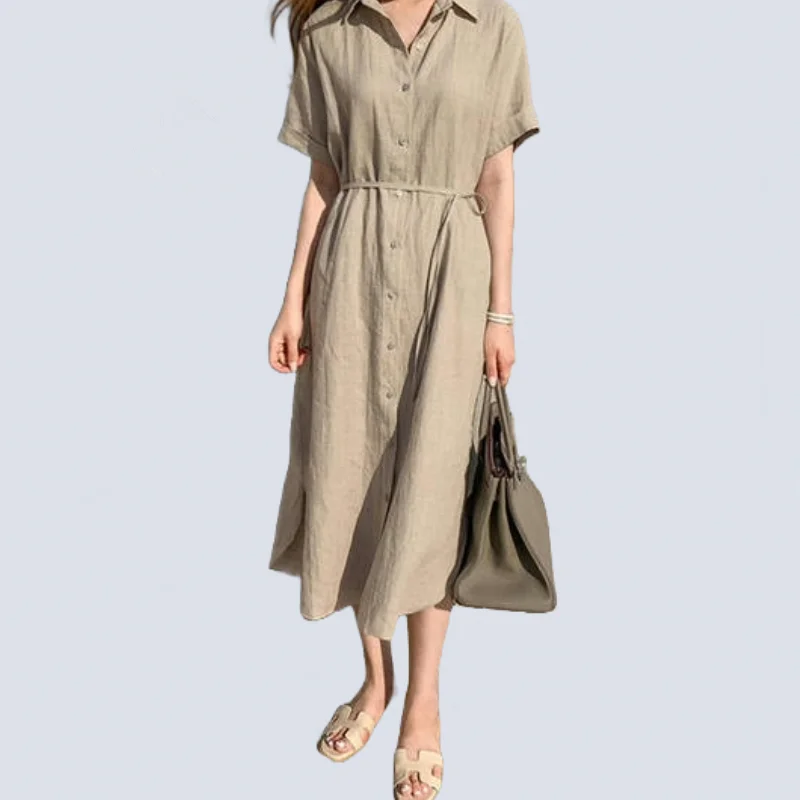 

Summer Woman Dress Casual Loose Aesthetic Short-Sleeved Dress Single Breasted Solid Color Vestido Largo Vacation Women Outfits