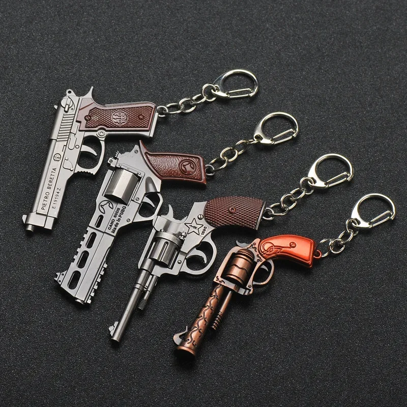 Mini Gun Keychian Game Prop P92 Signal Gun Revolver Weapon Model Keychains Pendant Gift for Men Eating Chicken Game Fans