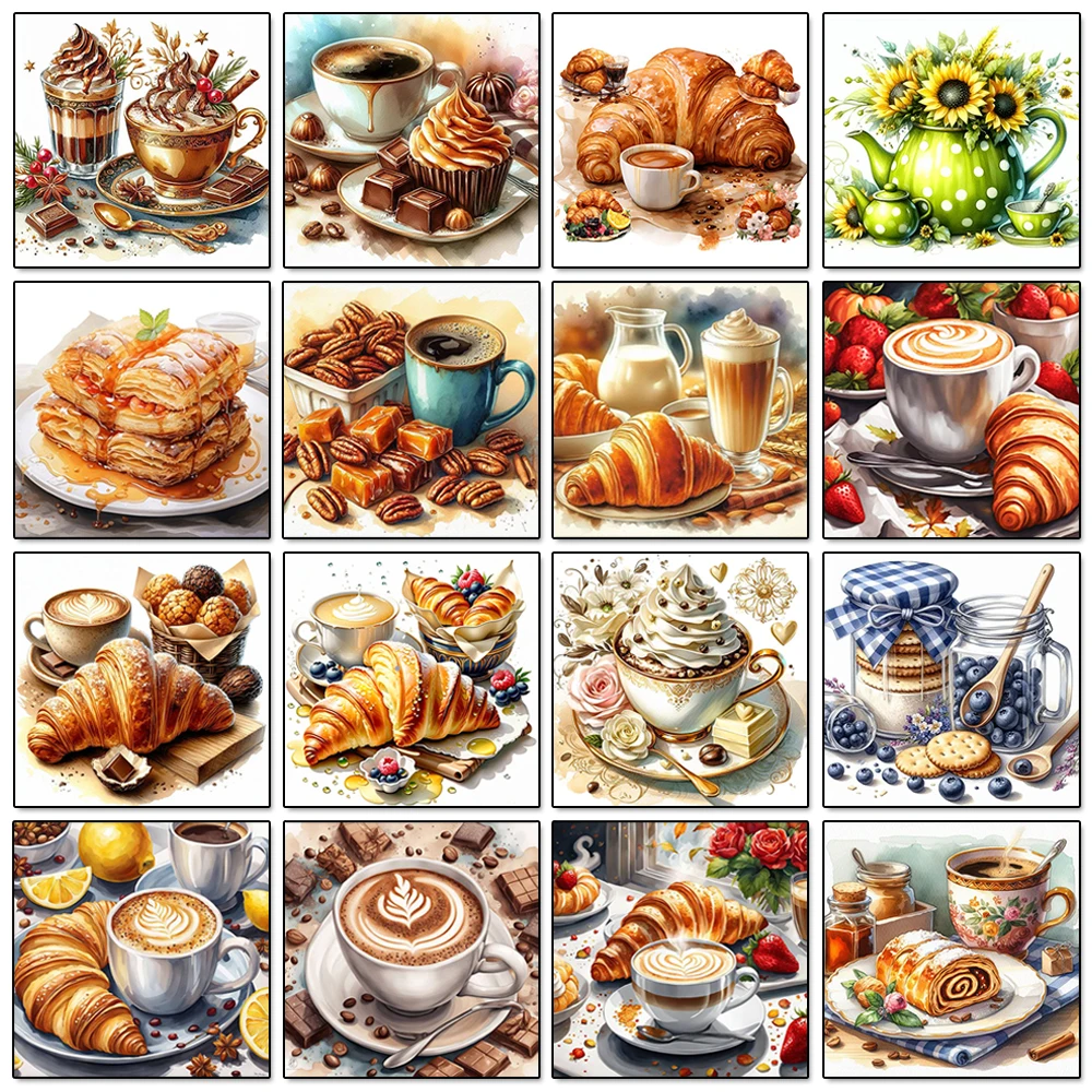 Coffee Bread Picture Diamond Painting Kit Kitchen Restaurant Wall Decoration Mosaic Embroidery Suitable for Adult DIY Hobbies