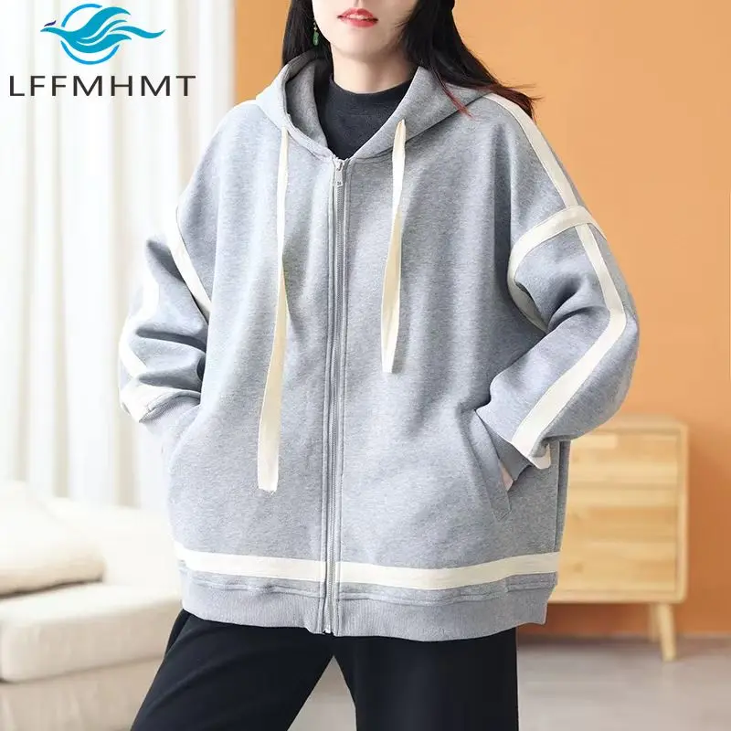 Autumn Fashion Women's Stripe Patchwork Casual Loose Cotton Sweatshirt Female Long Sleeve Comfortable Zipper Pullover Hoodies