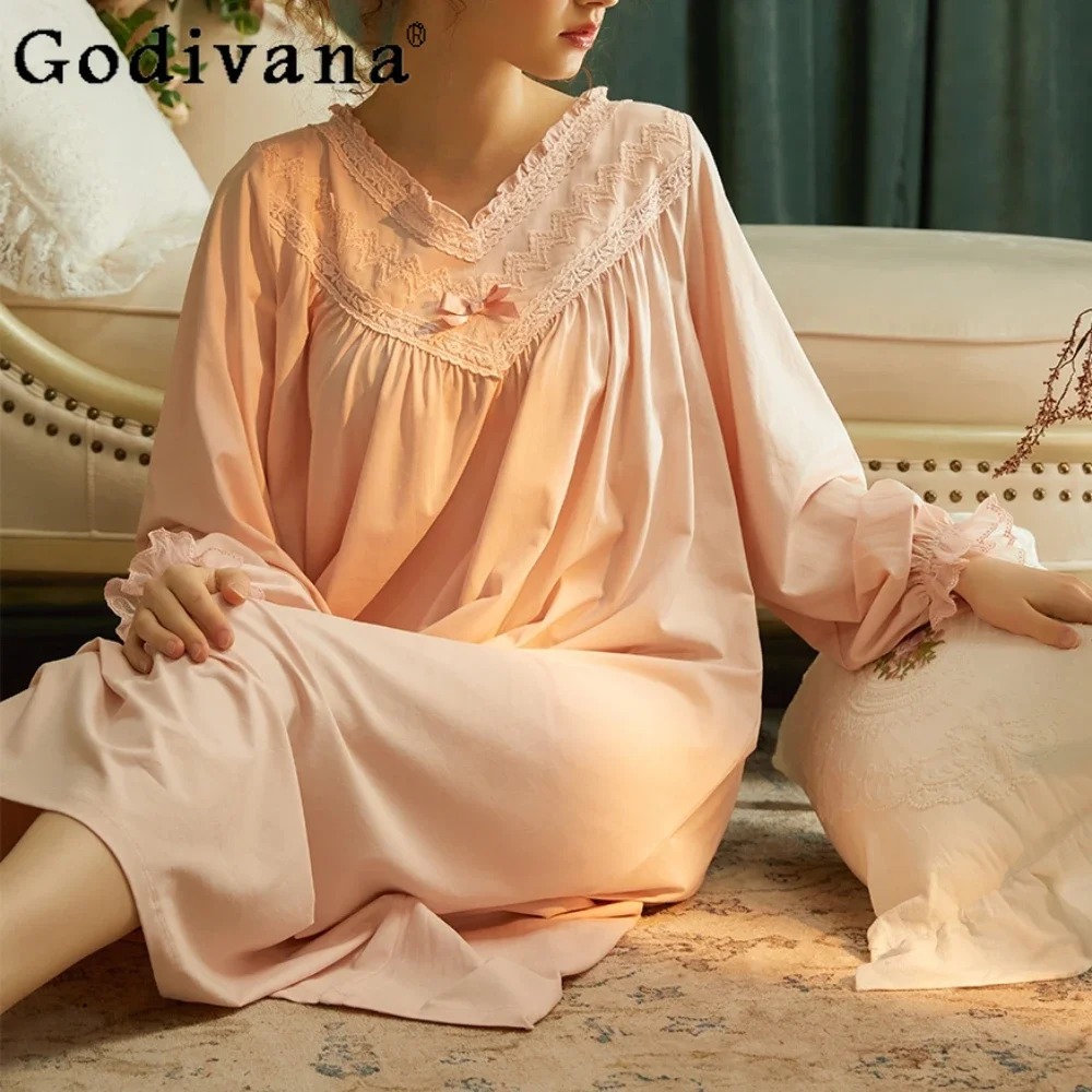 

Sweet Cute Spring Autumn Pajamas Long Sleeves Loose Princess Court Style Nightgowns Casual Loungewear Sleepwear