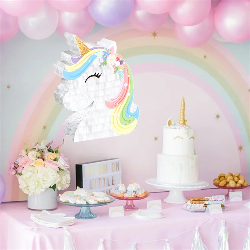 

Cute Unicorn Pinata with Blindfold Stick Kids Birthday Game Props Piñata Candy Gift Unicorn Pinata Birthday Party Decoration
