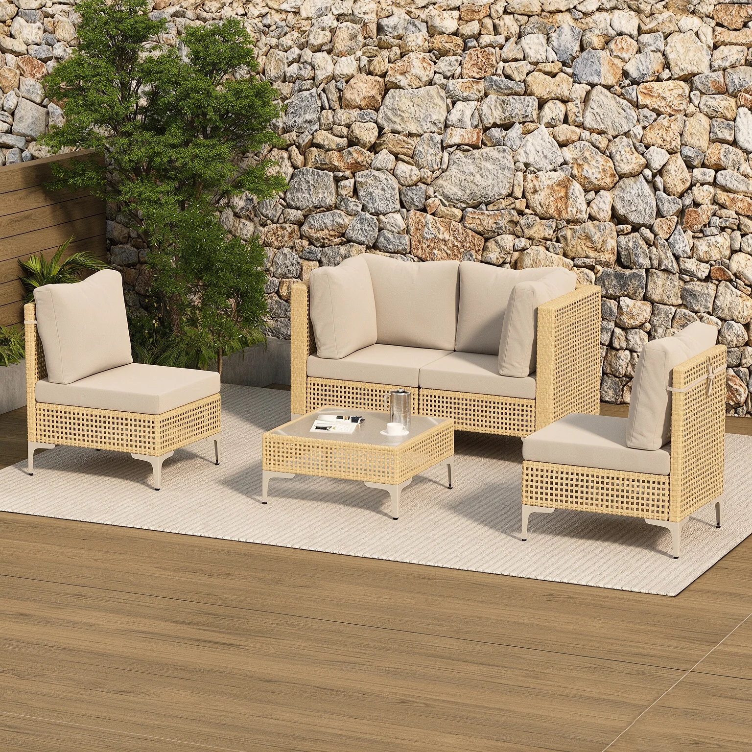 Boho 5-Piece Patio Furniture Set Rattan Sectional Outdoor Sofa Group with Coffee Table