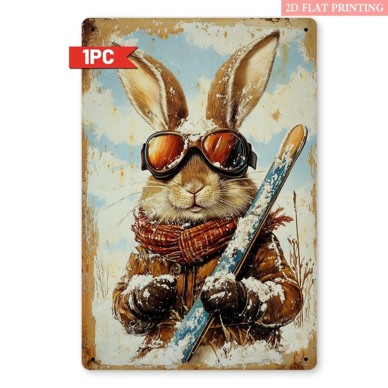 （2D Tin painting）Vintage Skiing Rabbit Metal Wall Sign - A 2D Flat Iron Decor Piece Featuring a Male/Female Bunny Skier Logo,