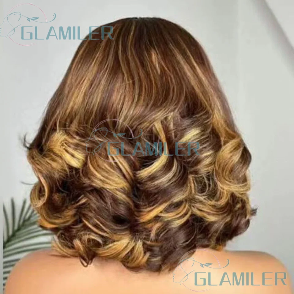 باروكات بوب دانتيل كاملة 360/مزودة مسبقًا، باروكات بوب قصيرة مموجة فضفاضة ومموجة، أشقر بني # 4/27 تسليط الضوء على الشعر البشري 5x5 الحرير أعلى إغلاق الباروكات