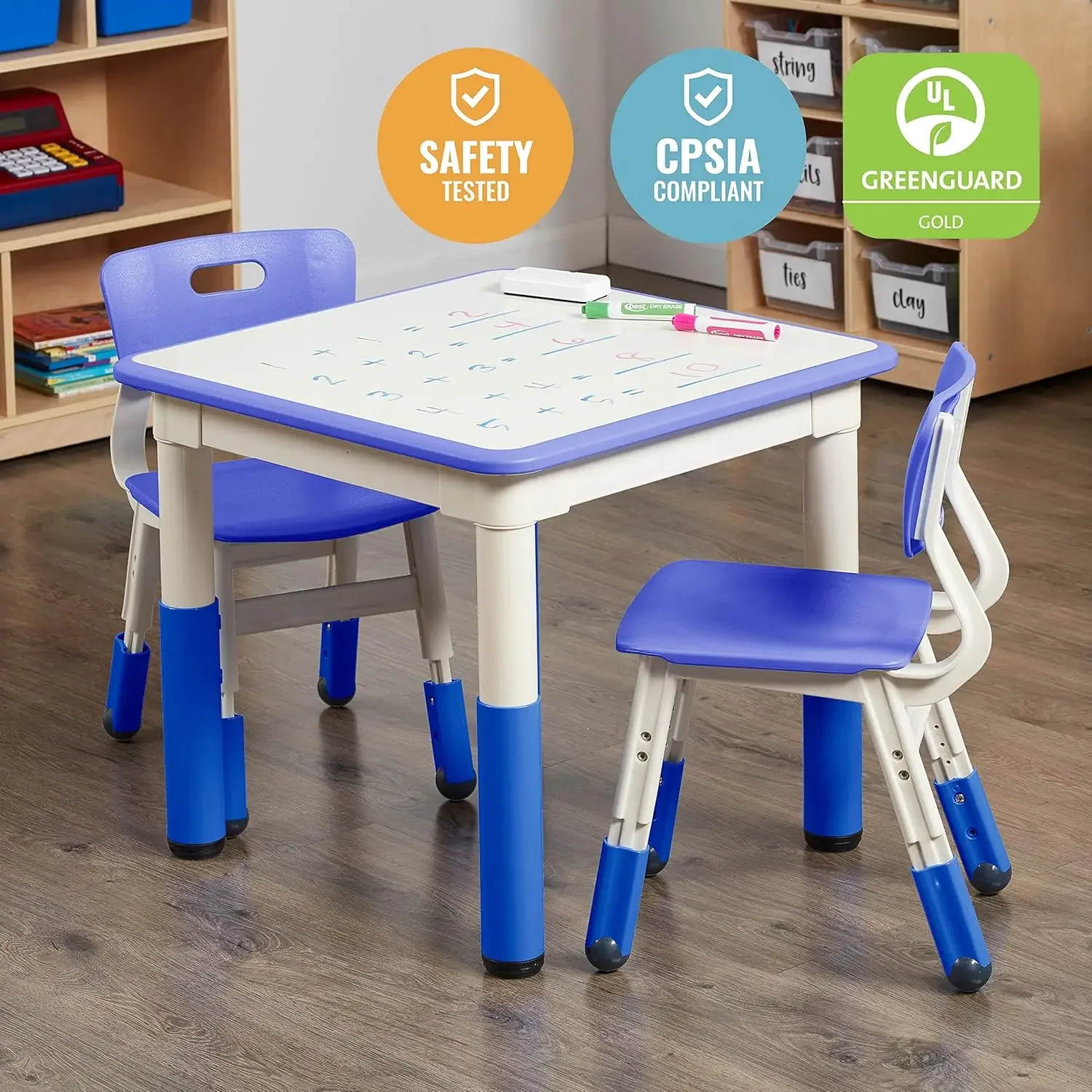 Dry-Erase Square Activity Table with 2 Chairs, Adjustable, Kids Furniture, Blue, 3-Piece