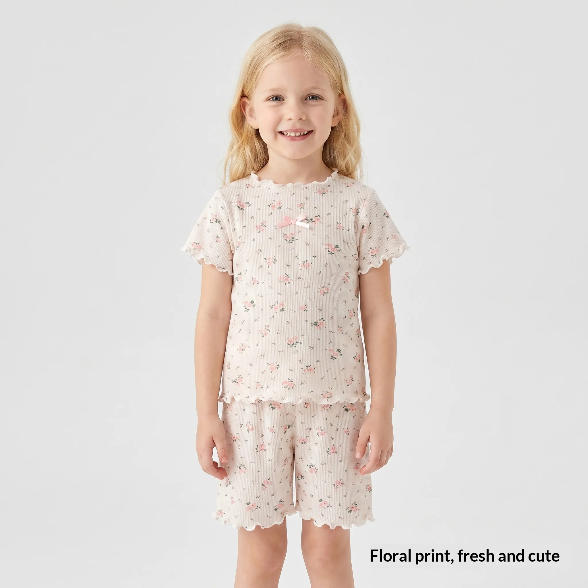 Children's Summer Thin Floral Short-Sleeve and Shorts Pajama Set, Ice Silk Cooling Air-Conditioned Home Wear Set for Young Kids