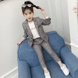 2024 New Girls Gray Plaid Suit Spring and Autumn 2-5-10-12T Children's Two-piece Children's Party Suit + Pants Suit