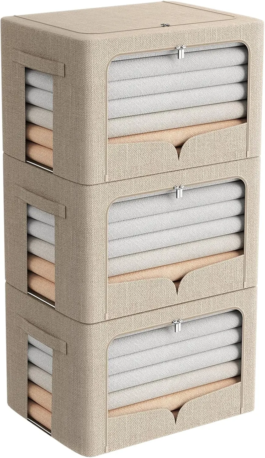 

Набор складных металлических коробок для хранения с прозрачным окном, штабелируемые органайзеры из льняной ткани (бежевый, 36 л)