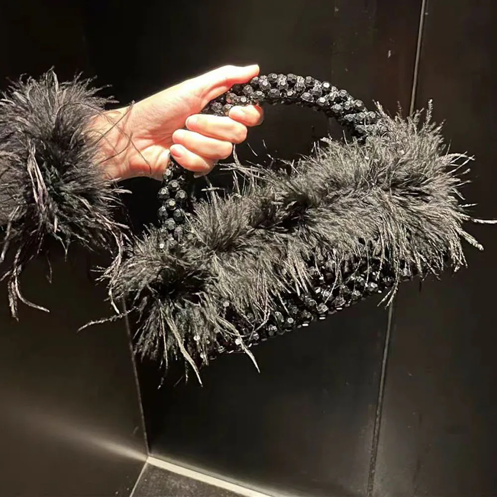 Parel kralen tas met veren bont Designer merk helder acryl kristal stenen doos Tote handtas vrouwen handgemaakte feesttas