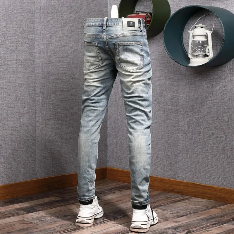 Newly Designer Fashion Men Jeans Retro Washed Blue Elastic Slim Fit Ripped Jeans Men Trousers Painted Vintage Denim Pants Hombre