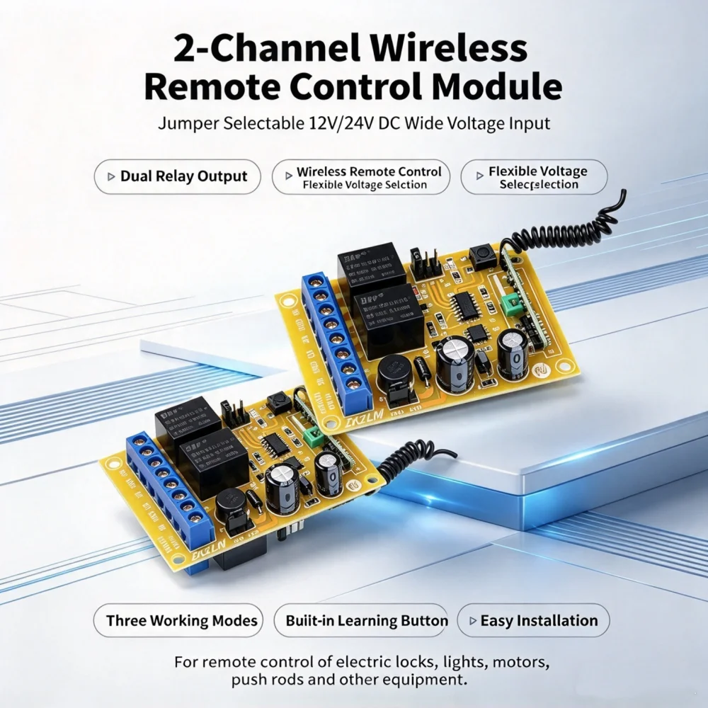 433MHz RF Remote Control Switch 2-Channel Receivers DC12V/24V for DIY Project Motor Ambient Light Push Rod Control