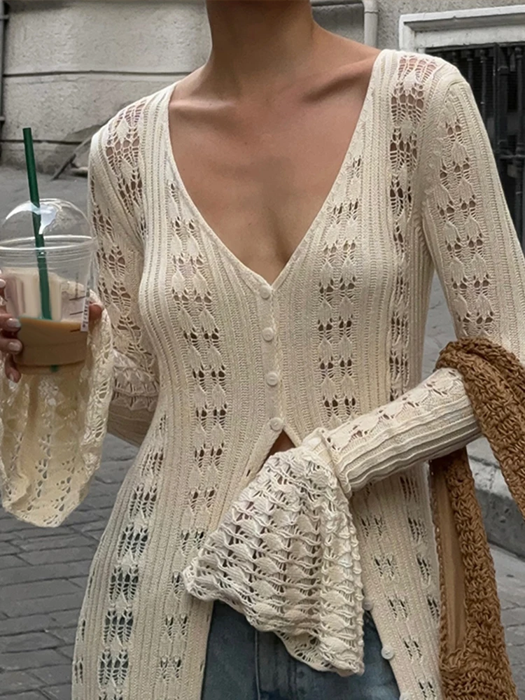 Cardigan lungo lavorato a maglia scava fuori maglione lungo con scollo a V da donna maglione monopetto maxi cappotti 2024 autunno elegante capispalla