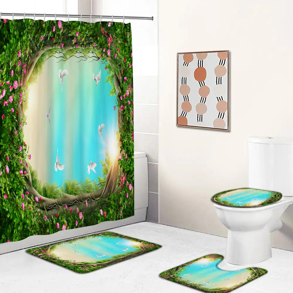 Waterproof Bathroom Shower Curtain Dreamy Forest Scenery Bath Curtain Sets Toilet Cover Non-Slip Mat Rug Carpet Set Home Decor